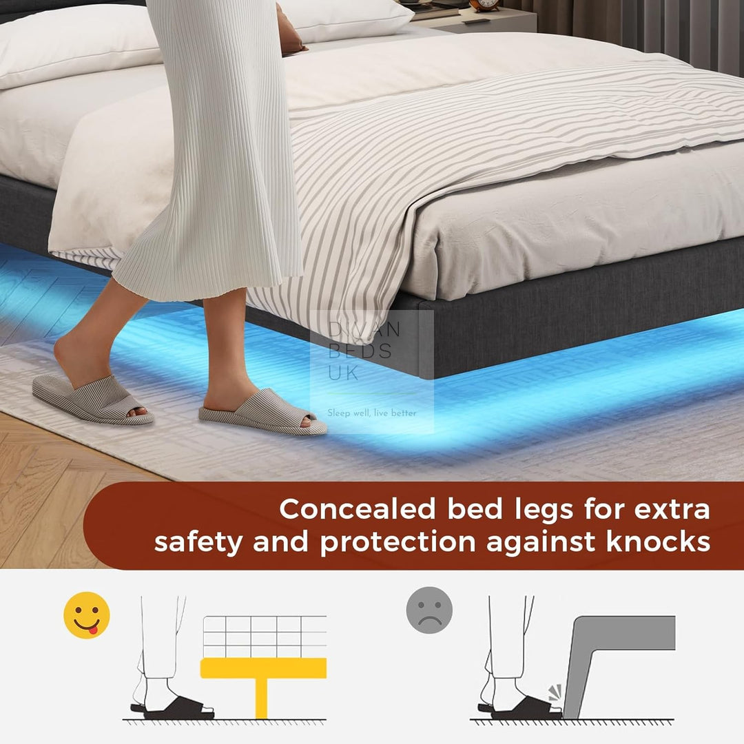 Everleigh Grey Linen Floating Bed Frame with Padded Storage Wing Headboard, LED Lights, USB & Type-C Charging Station