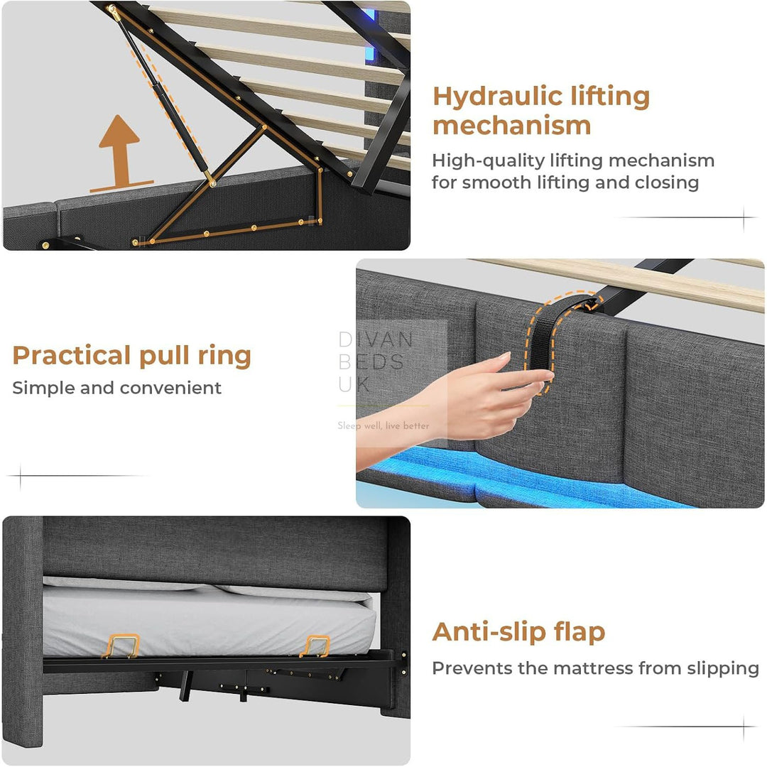 Castellano Grey Linen Ottoman Storage Bed with LED Lights, Type C and USB Charging Headboard Storage Shelf