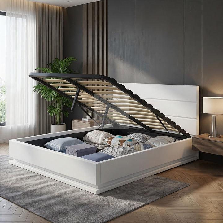 Averie LED White Leather Ottoman Gas Lift Storage Smart Bed