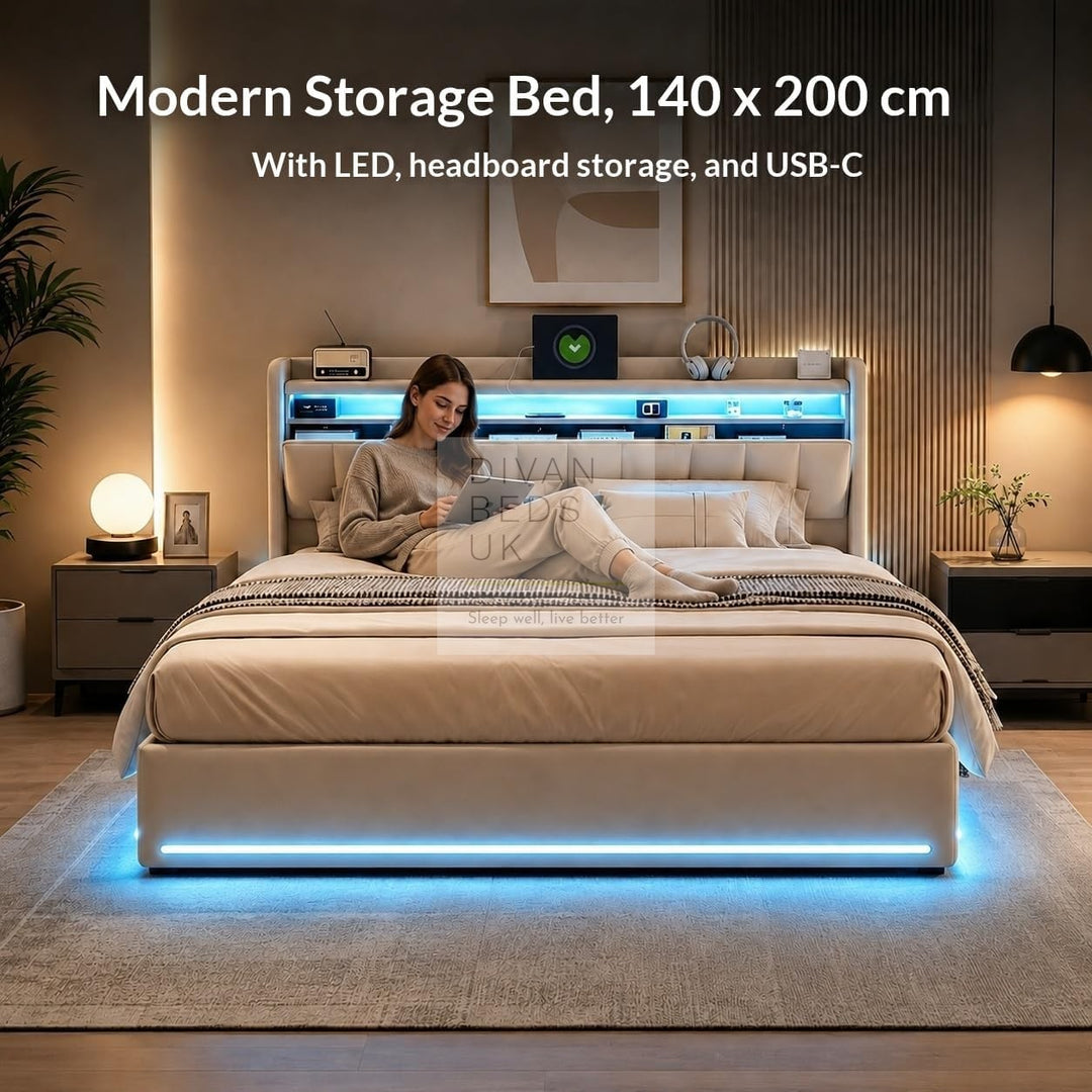 Kairi LED Beige Velvet Ottoman Storage Smart Bed with USB Type C Charging Station on Headboard Storage Shelf