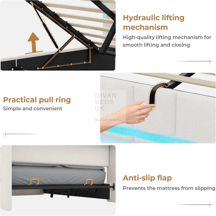 Castellano Beige Linen Ottoman Storage Bed with LED Lights, Type C and USB Charging Headboard Storage Shelf