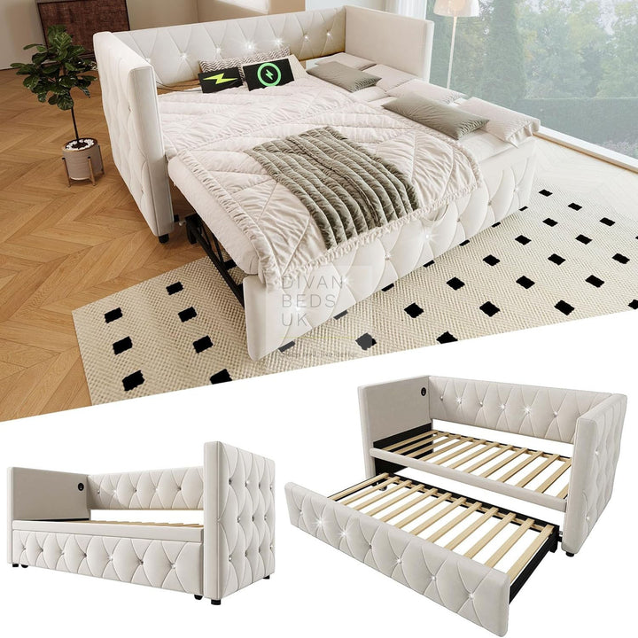 Taranto Beige Velvet Diamante Crystal Smart Daybed Sofa Bed Couch with Trundle, Charging Station, USB & Type C Ports