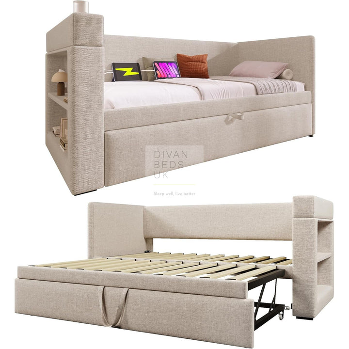 Laylani Beige Linen Smart Daybed Sofa Bed with Shelves Storage, USB & Type C Charging Station & Trundle