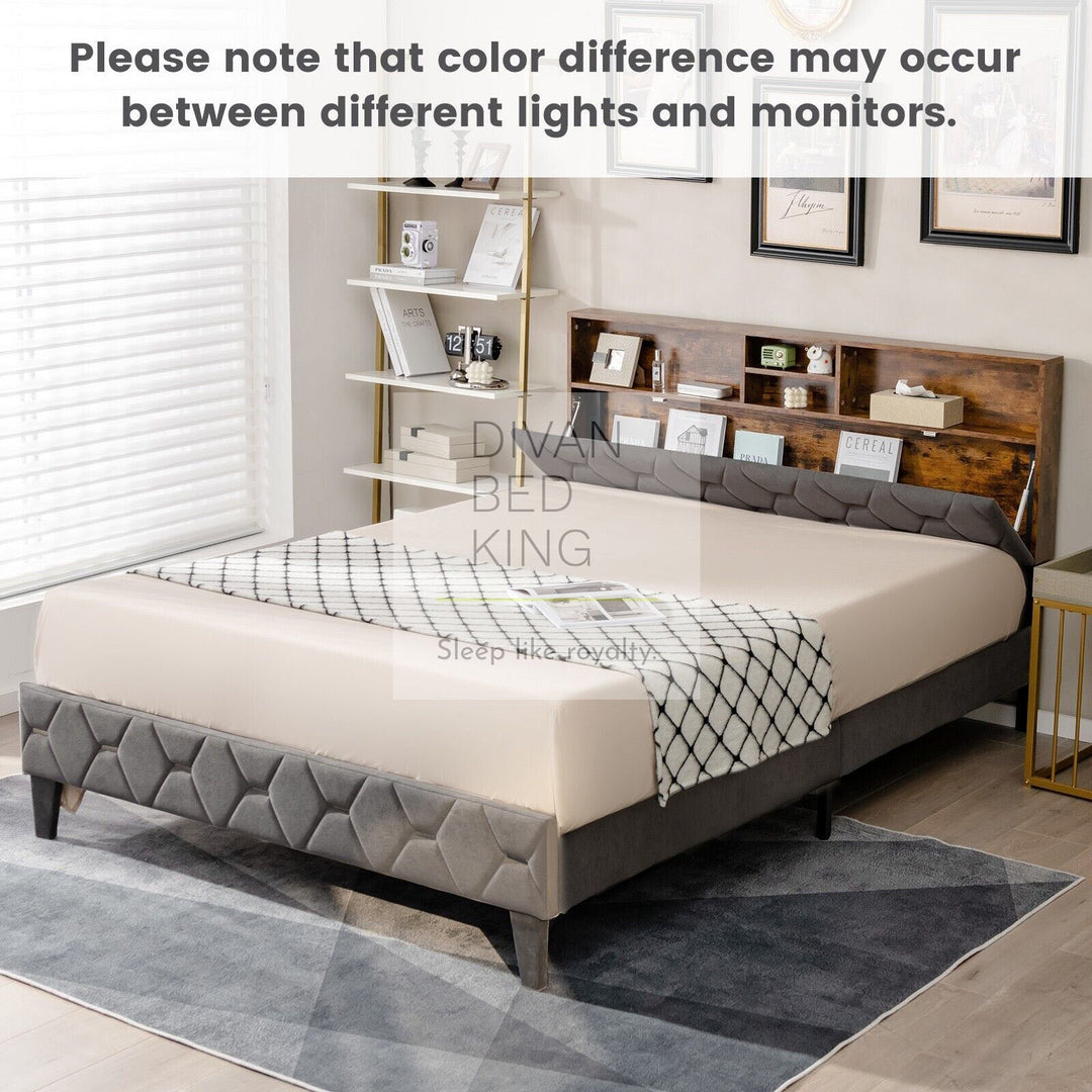 Vangogh Grey Plush Velvet Bed Frame with Headboard Storage Shelves