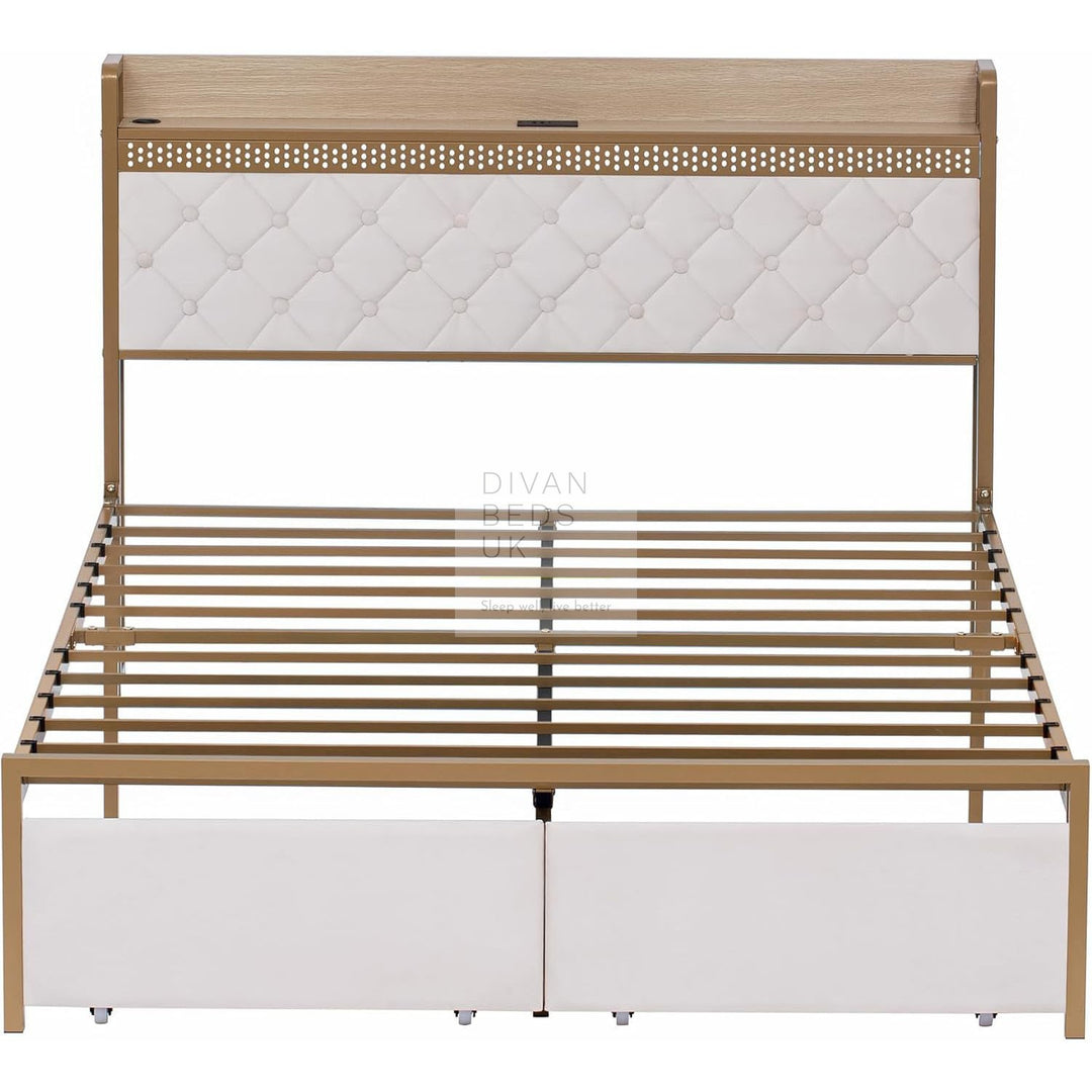 Arellano Winged Biege Velvet LED Metal Smart Bed with 2 Drawers USB, Type-C Charging Storage Headboard Shelf
