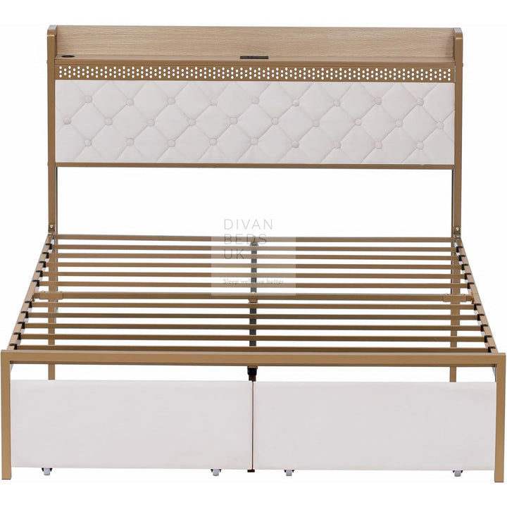 Arellano Winged Biege Velvet LED Metal Smart Bed with 2 Drawers USB, Type-C Charging Storage Headboard Shelf
