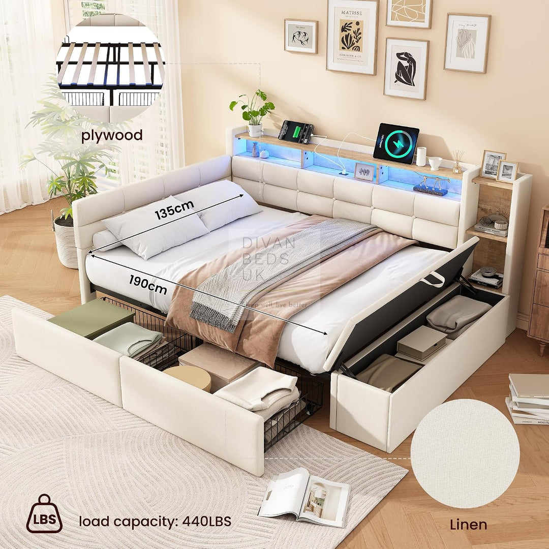 Avayah Beige Linen Smart Daybed Sofa Bed with 2 Drawers, LED Shelves Storage, USB &amp; Type C Charging Station &amp; Storage Box