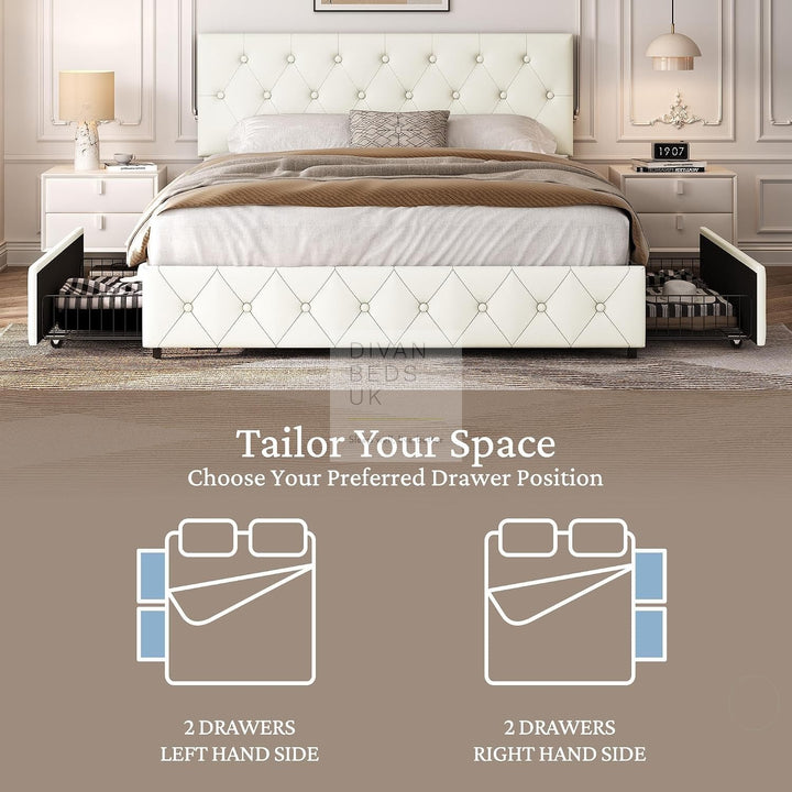 Emma Cream Leather 2 Drawer Buttoned Bed Frame