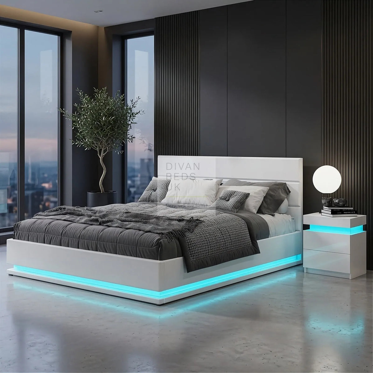 Zena LED White Leather Ottoman Gas Lift Storage Smart Bed