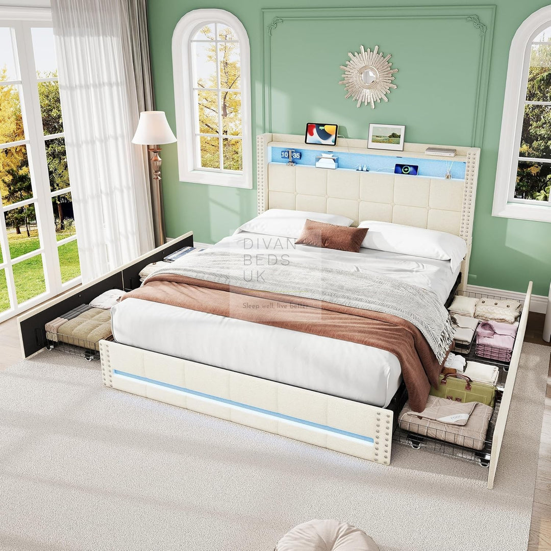 Modena Beige Linen Smart Wingback Bed with 4 Drawer Storage with Charging Station USB Type C on Headboard Storage Shelf