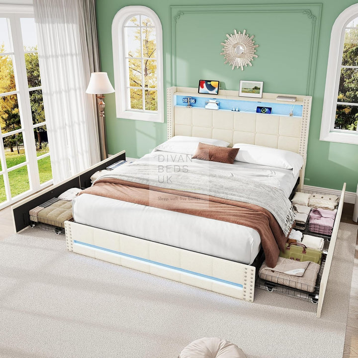 Modena Beige Linen Smart Wingback Bed with 4 Drawer Storage with Charging Station USB Type C on Headboard Storage Shelf