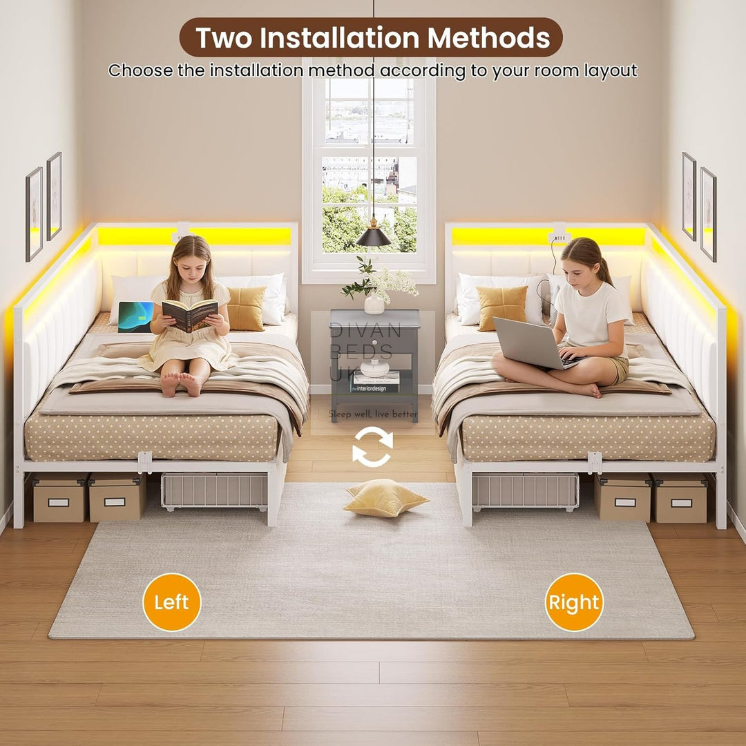 Giavanna Beige Linen 2 Drawer Low Smart Sofa Bed Daybed with LED Lights, USB & Type C Charging Station