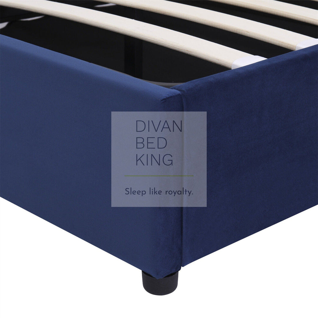 Serenity 4FT6 Double Blue Plush Velvet Wingback Ottoman Storage Bed Frame