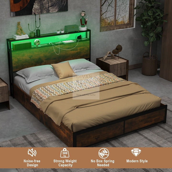 Henry Metal Divan Bed with 4 Drawers with Headboard, Reading Lights & USB Charging