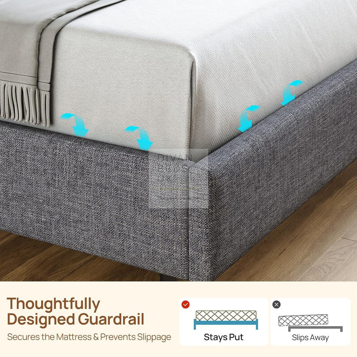 Houston Kids Smart Metal Floating Bed with Grey Padded Storage Headboard, LED Lights, USB & Type C Charging Station