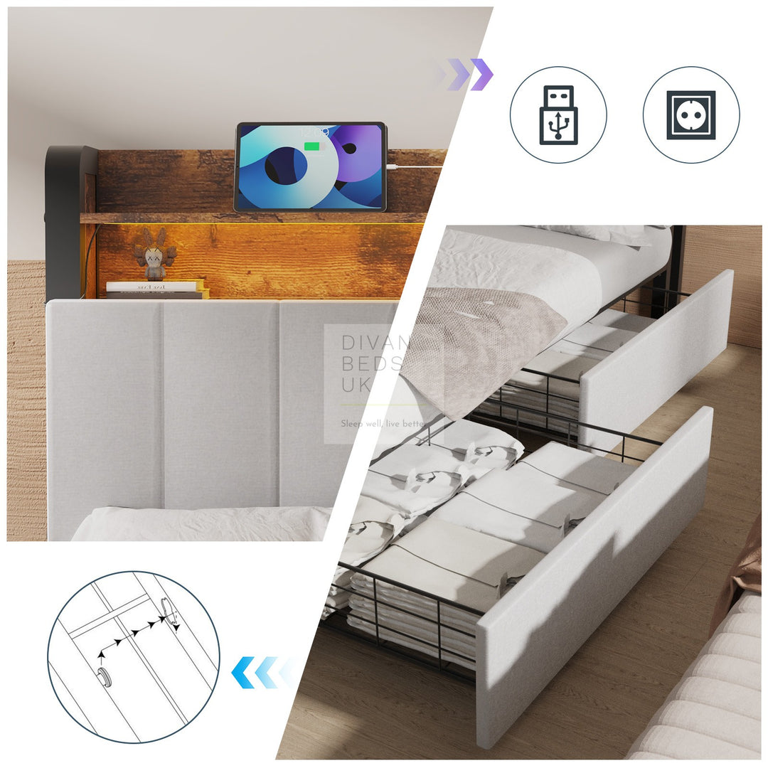 Henry Off-White Linen Metal Bed with 4 Drawers with Headboard Shelves, LED, USB and Power Outlet