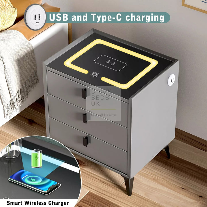 Elara Grey 3 Drawer Smart LED Bedside Table with USB, Type C and Wireless Charging