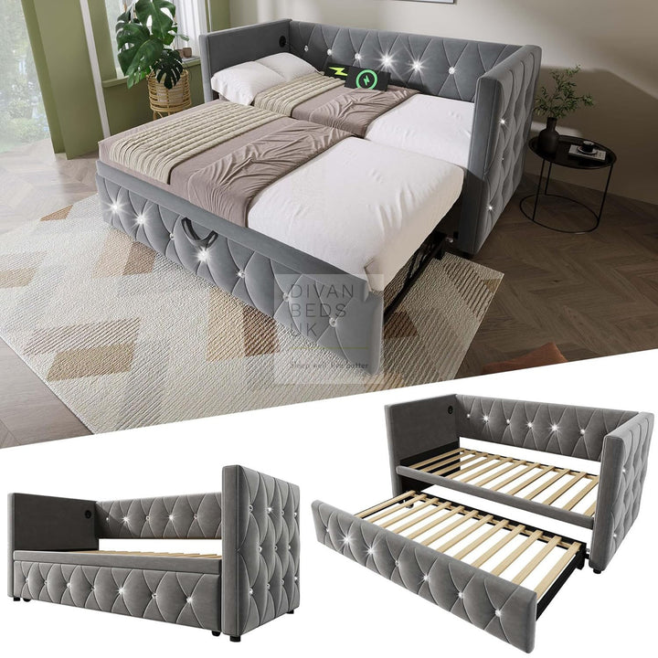 Taranto Grey Velvet Diamante Crystal Smart Daybed Sofa Bed Couch with Trundle, Charging Station, USB & Type C Ports