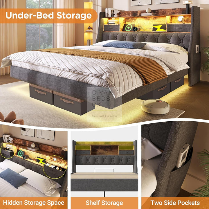 Burton Smart Metal Floating Linen Bed Frame with Grey Padded Storage Headboard, LED Lights, USB, Type C Charging Station