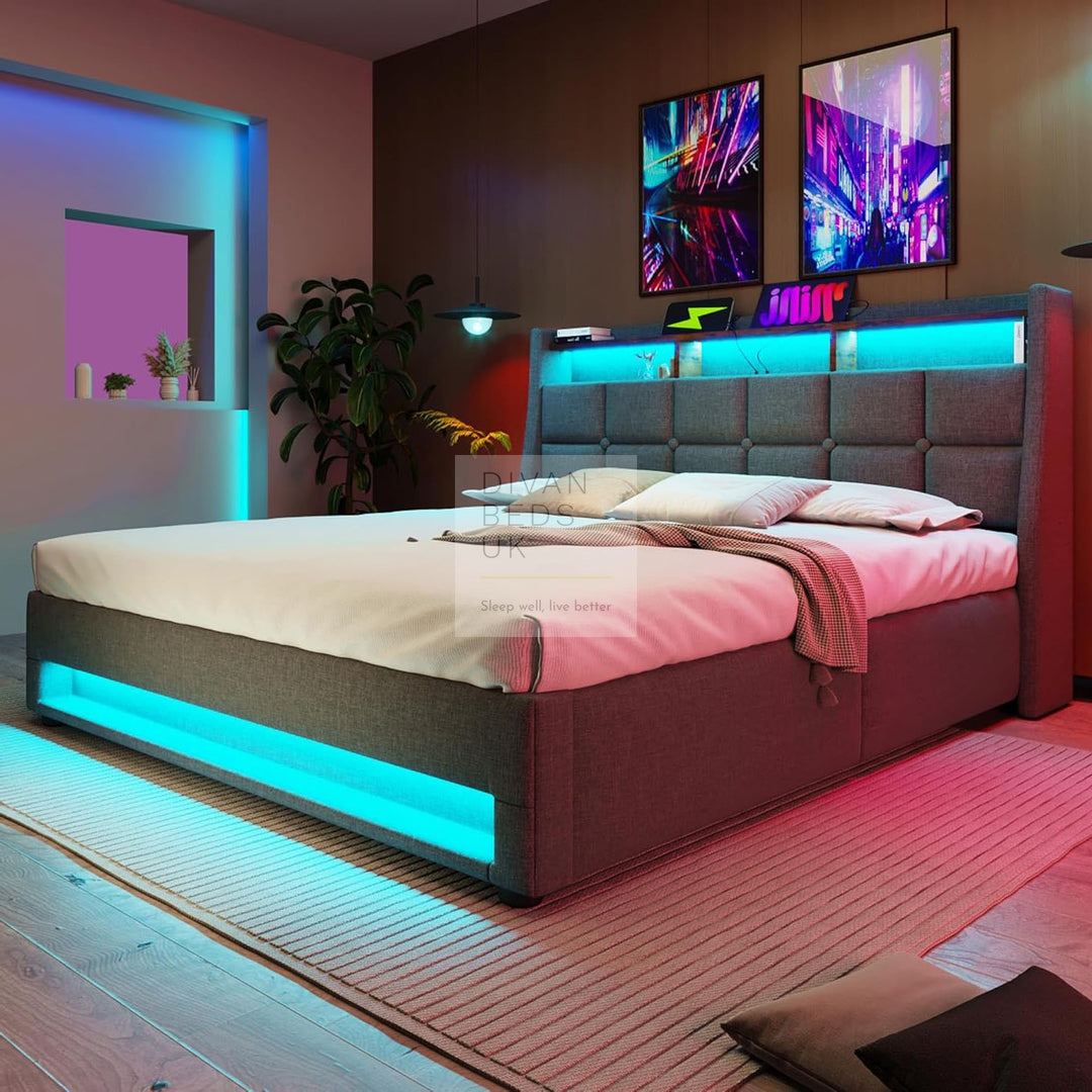 Solana Grey Linen Ottoman Storage Smart Bed with Type C, USB & Wireless Charging Headboard Shelves
