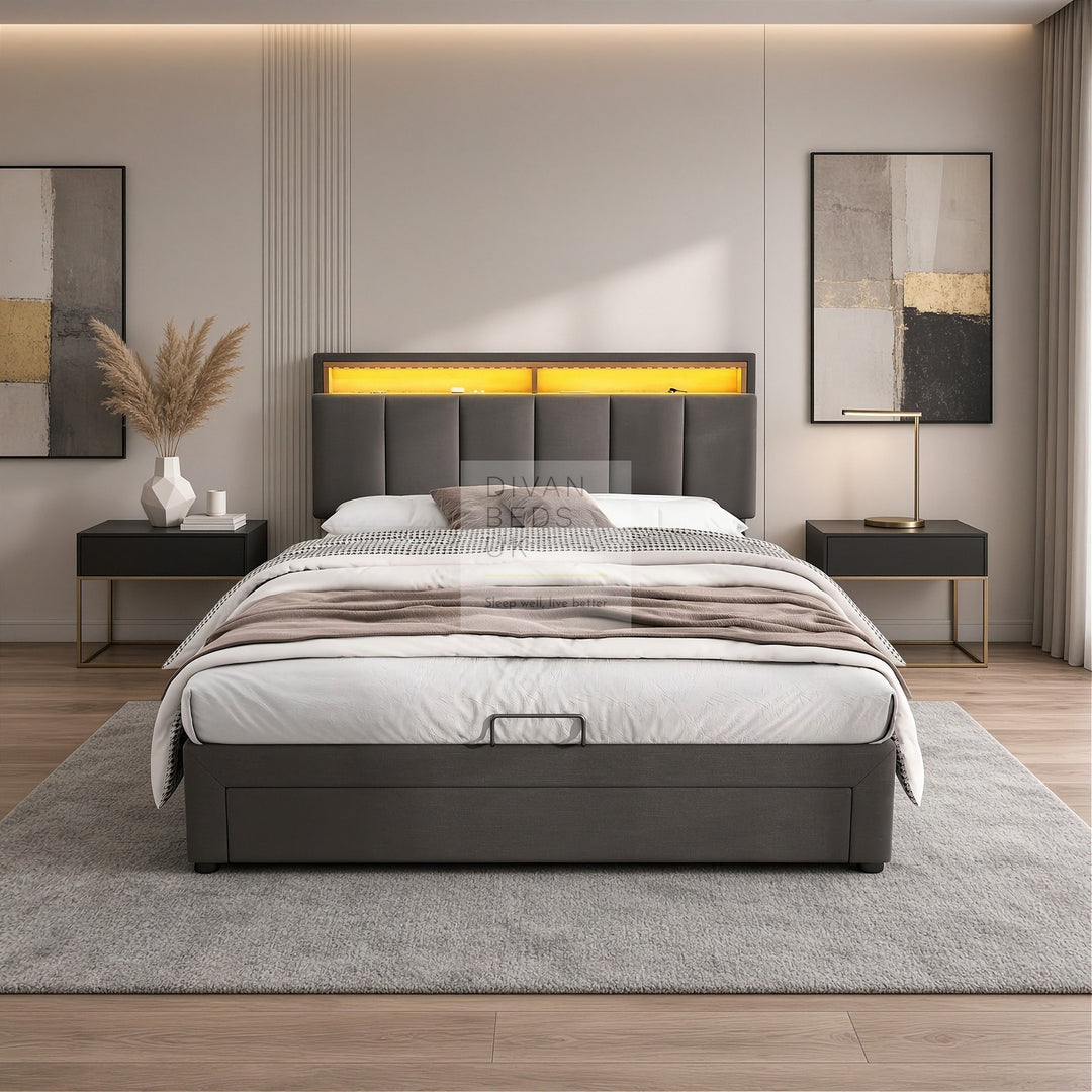 Aarya Charcoal Grey Linen 2 in 1 Drawer Ottoman Storage Bed with LED Lights &amp; Headboard Shelf