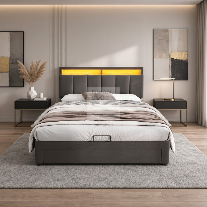 Aarya Charcoal Grey Linen 2 in 1 Drawer Ottoman Storage Bed with LED Lights &amp; Headboard Shelf