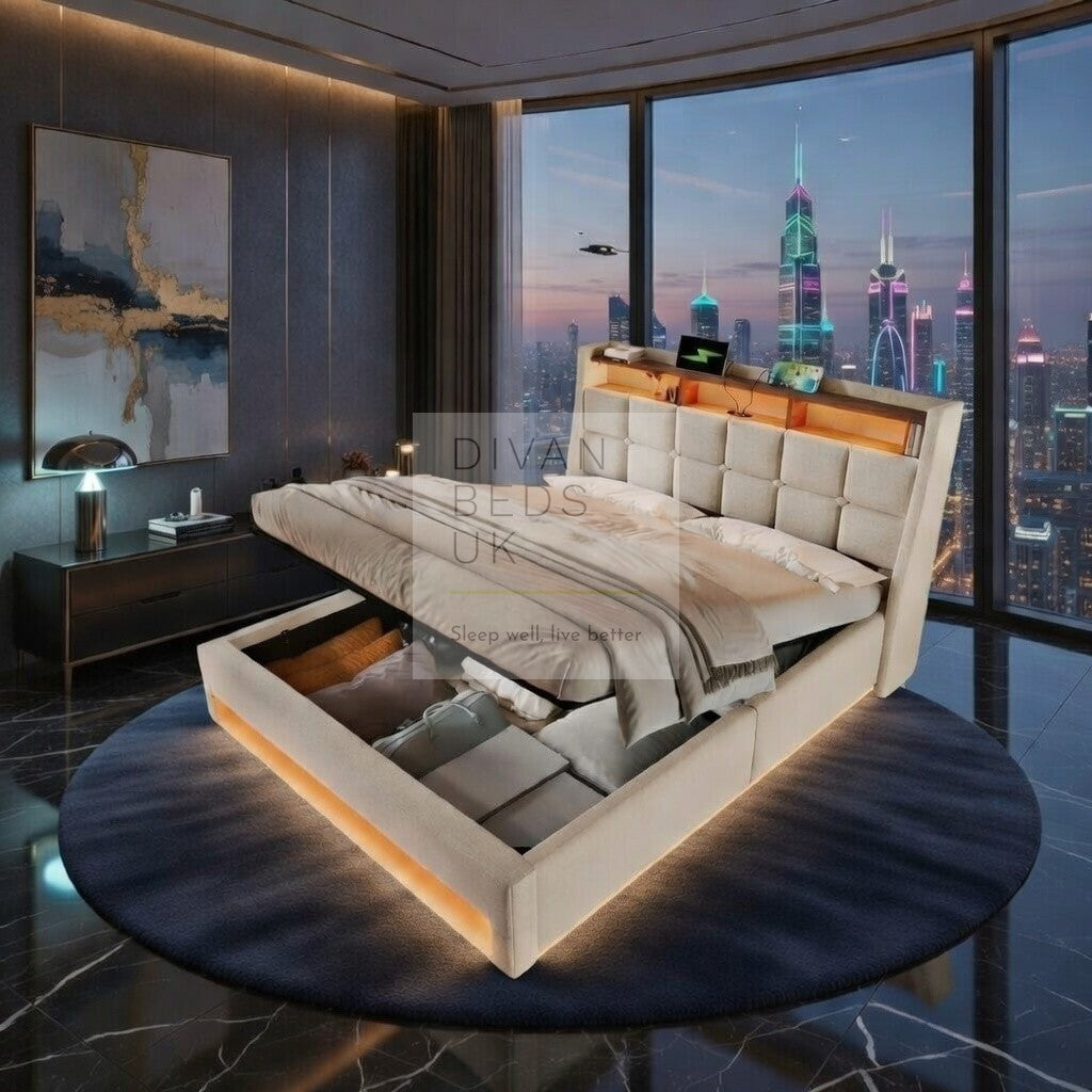 Solana Beige Linen Ottoman Storage Smart Bed with Type C, USB & Wireless Charging Headboard Shelves