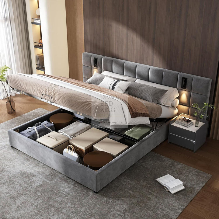 Avernus Oversized Headboard Grey Ottoman Storage Bed Frame with Integrated Lighting & USB Charging