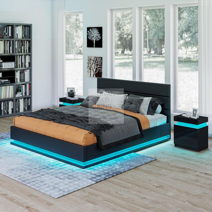 Zena LED Black Leather Ottoman Gas Lift Storage Bed