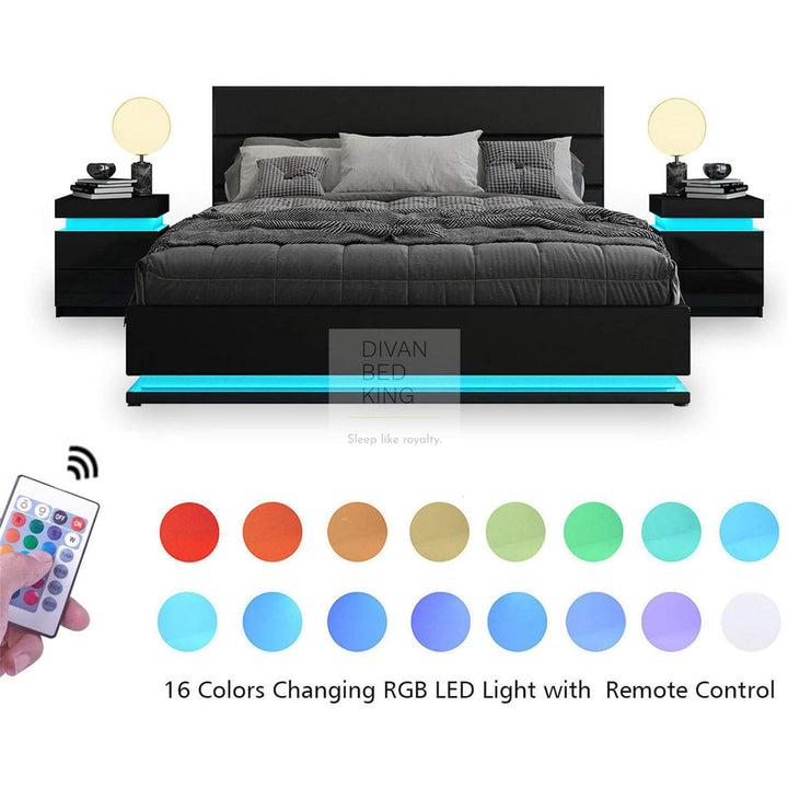 Zena LED Black Leather Ottoman Gas Lift Storage Bed