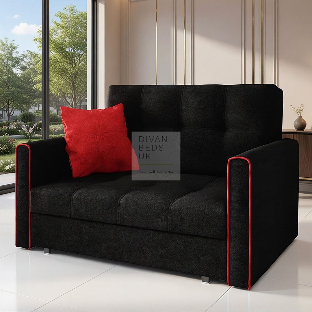 Salerno Black and Red 3 in 1 Sofa Bed 2 Seater with Storage