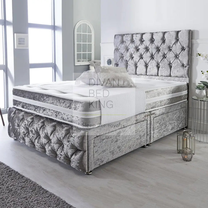 Belmont Silver Crushed Velvet Divan With Airflow Spring Memory Mattress Bed