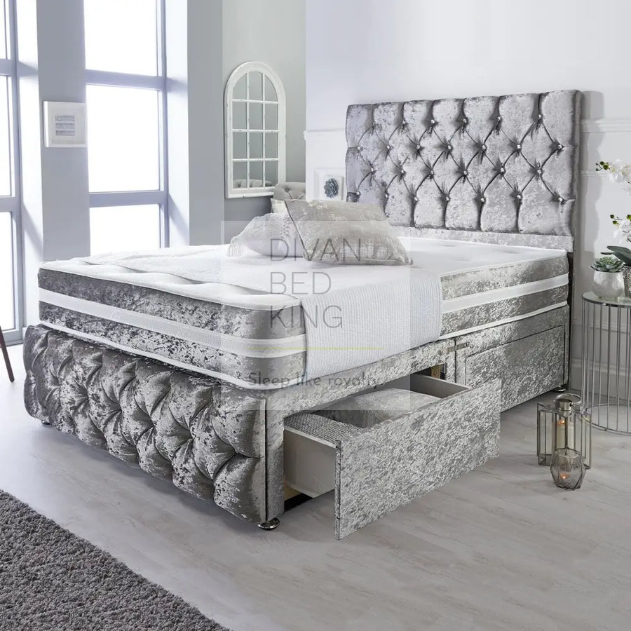 Belmont Silver Crushed Velvet Divan With Airflow Spring Memory Mattress Bed