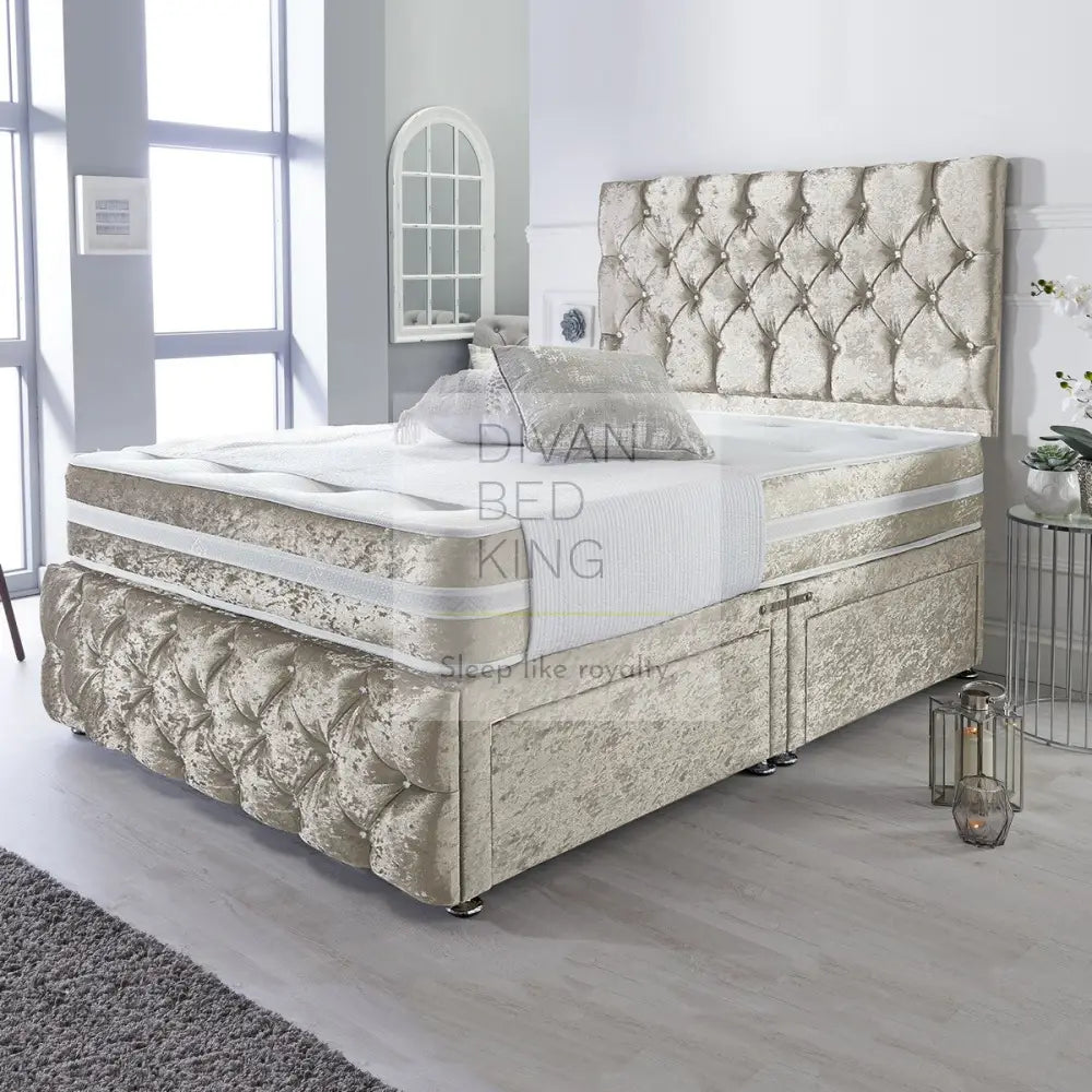 Caspian Cream Crushed Velvet Divan With Airflow Spring Memory Mattress Bed