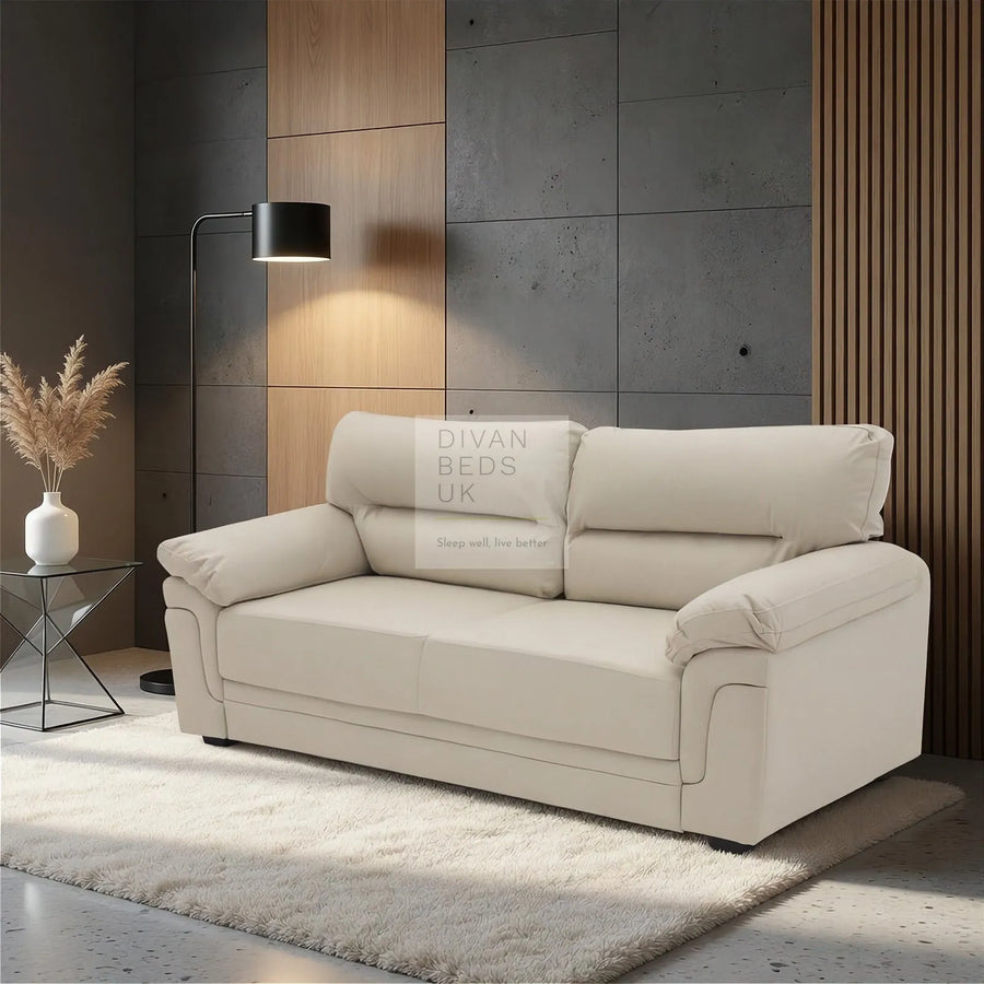 Delgado Luxury Beige Leather Sofa Couch Settee 