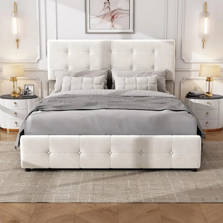Serava 4ft6 Double Beige Plush Velvet 4 Drawer Bed with Adjustable Headboard
