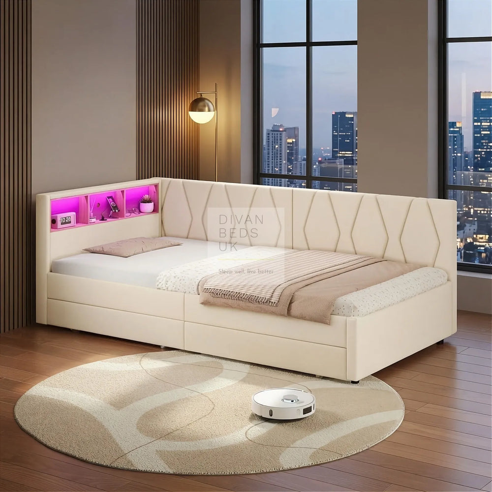 Micah Beige Linen Corner Smart Daybed Sofa Bed Couch 