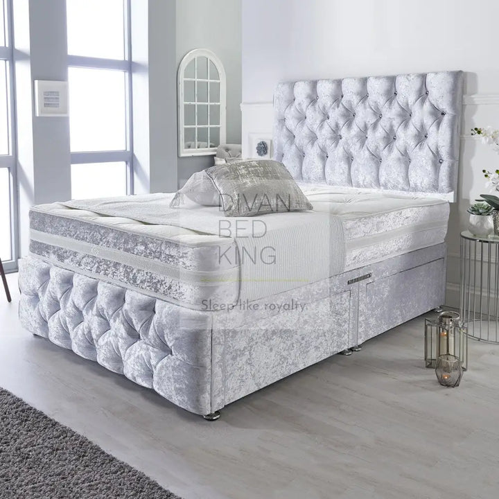 Montgomery White Crushed Velvet Divan With Airflow Spring Memory Mattress Bed