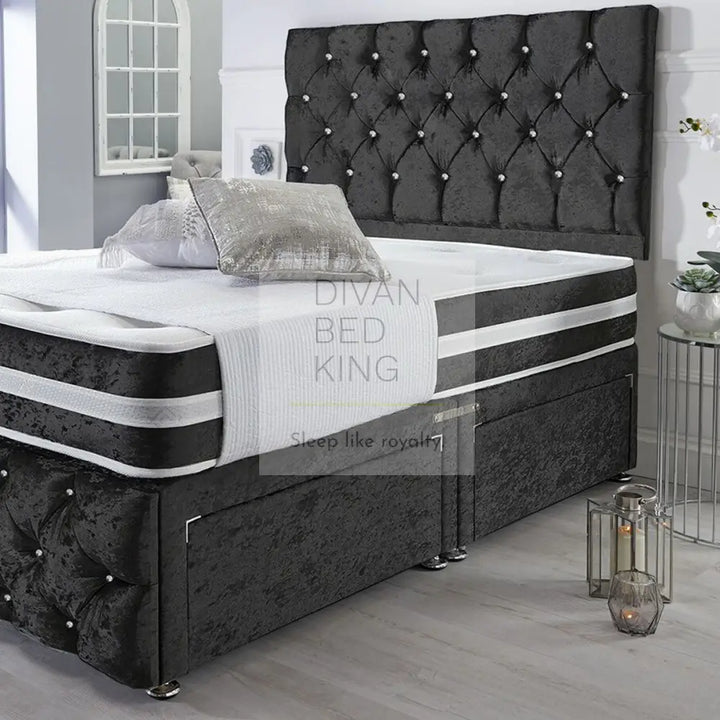 Orlando Black Crushed Velvet Divan With Airflow Spring Memory Mattress Bed