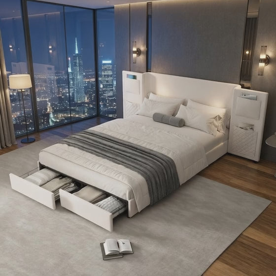 Avalos Oversized Headboard Beige Soft Cotton Flannel Storage Bed Frame with 2 Drawers