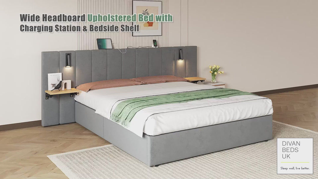 Allegra Oversized Headboard Grey Ottoman Storage Bed with Integrated Bedside Shelves, Power Outlets, USB & Type C Ports