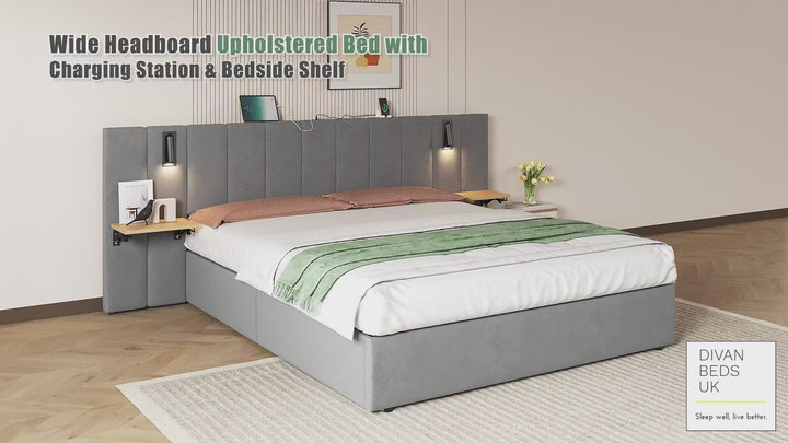 Allegra Oversized Headboard Grey Ottoman Storage Bed with Integrated Bedside Shelves, Power Outlets, USB & Type C Ports