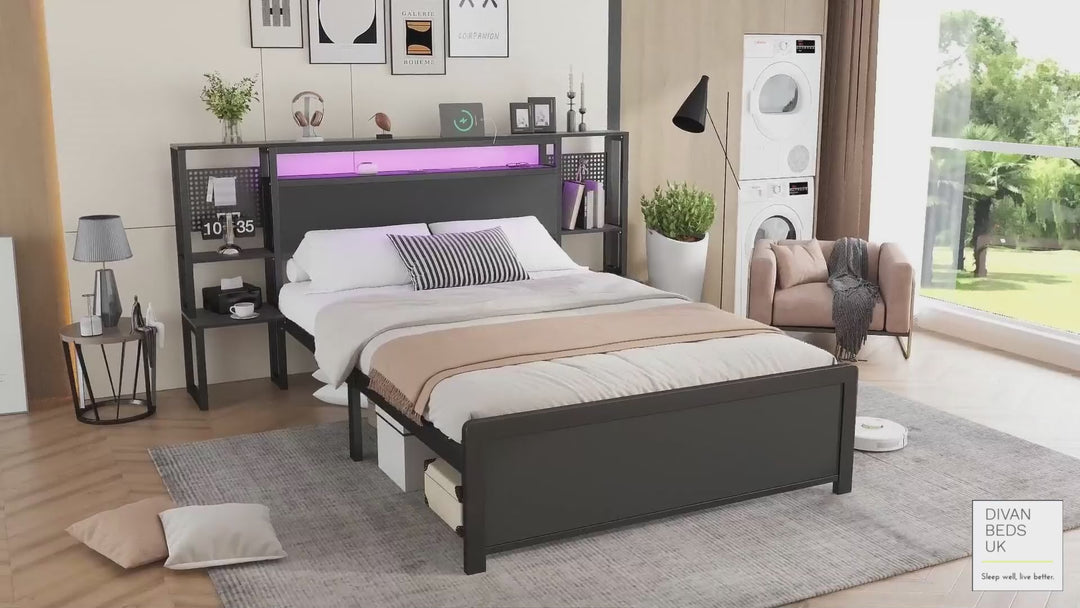 Zentiva LED Black Smart Bed with Integrated Bedside Tables, Charging Station with USB and Type C