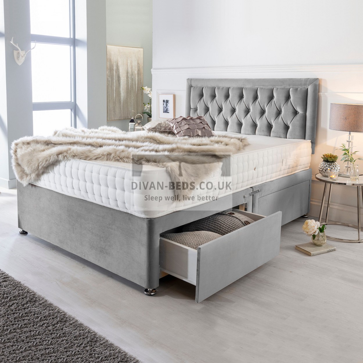 3FT - 2 Drawers Winsor Bed Set with Quilted Othopedic Mattress and Leather Headboard 